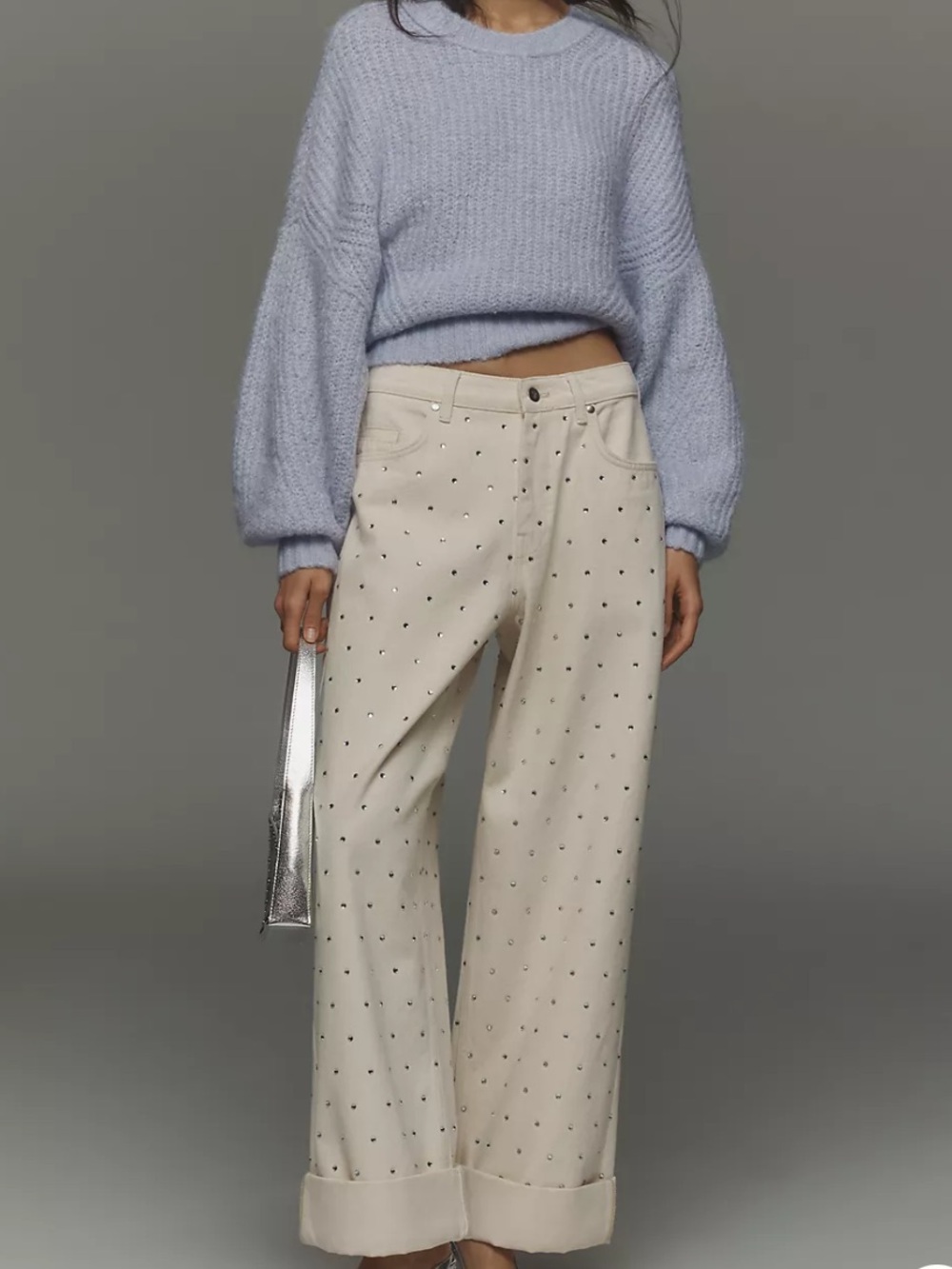 Pilcro Cream Wide-Leg Studded Pants
